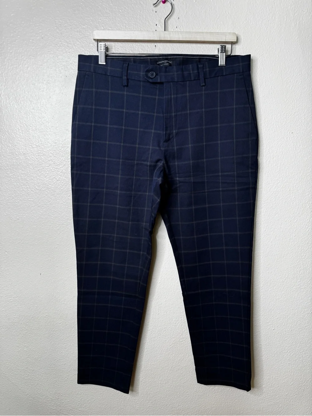 Banana Republic Mens 33x30 Slim Tapered Fit Navy Plaid Dress Pants NWT